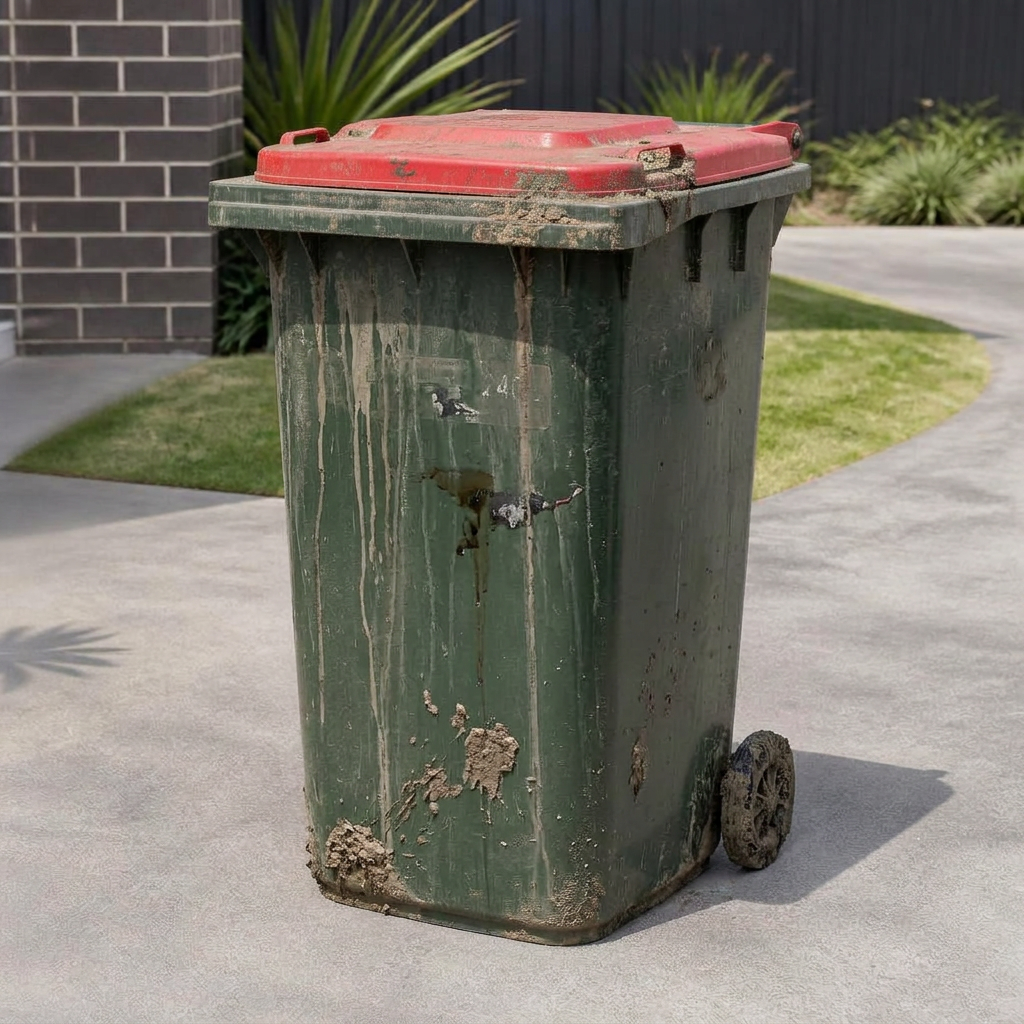 Grimy stained wheelie bin before cleaning