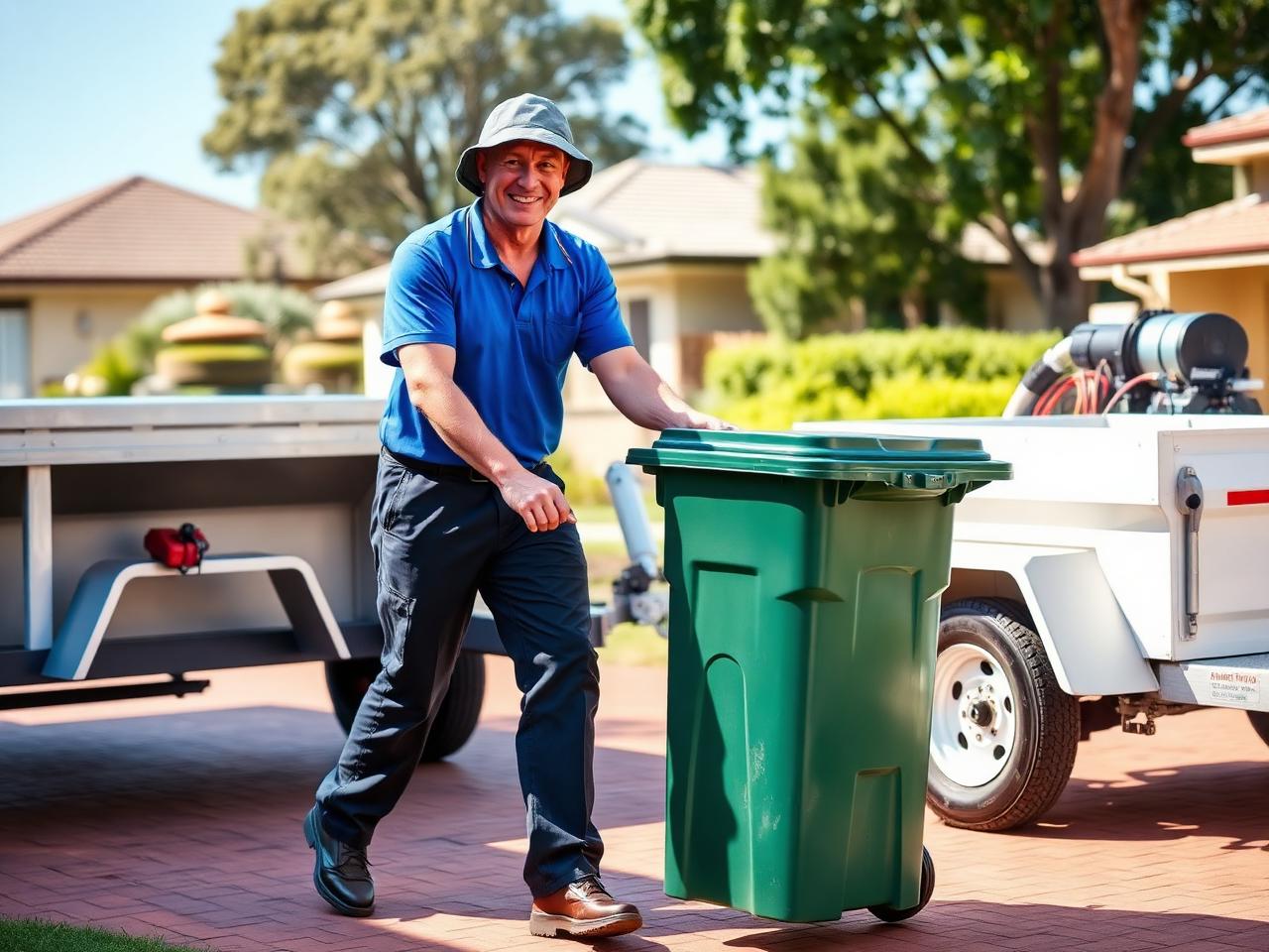 Bin cleaning technician wheeling a bin beside the Wheely Bin Cleaners trailer
